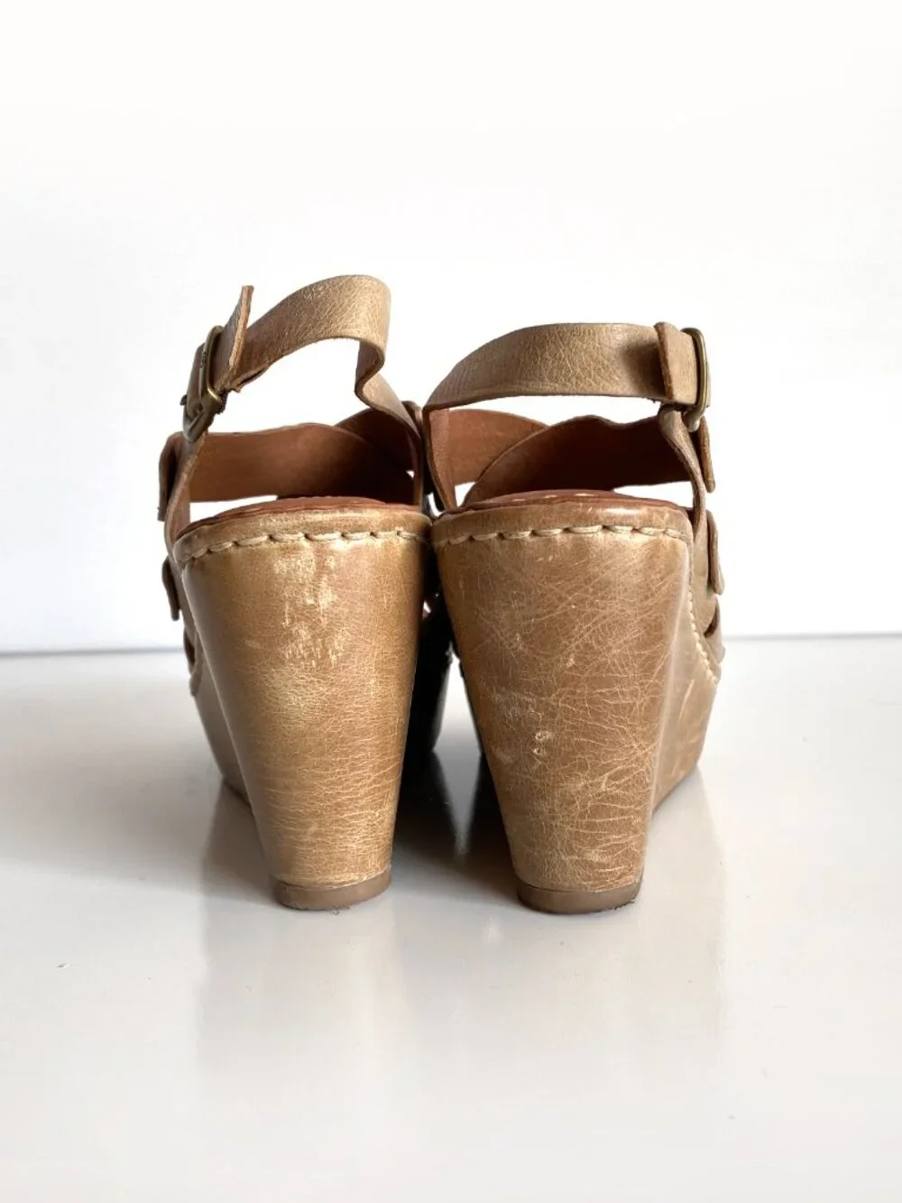 Born Womens US 6 Brown Leather CrisCross Sling Back Platform Wedge Sandals Shoes